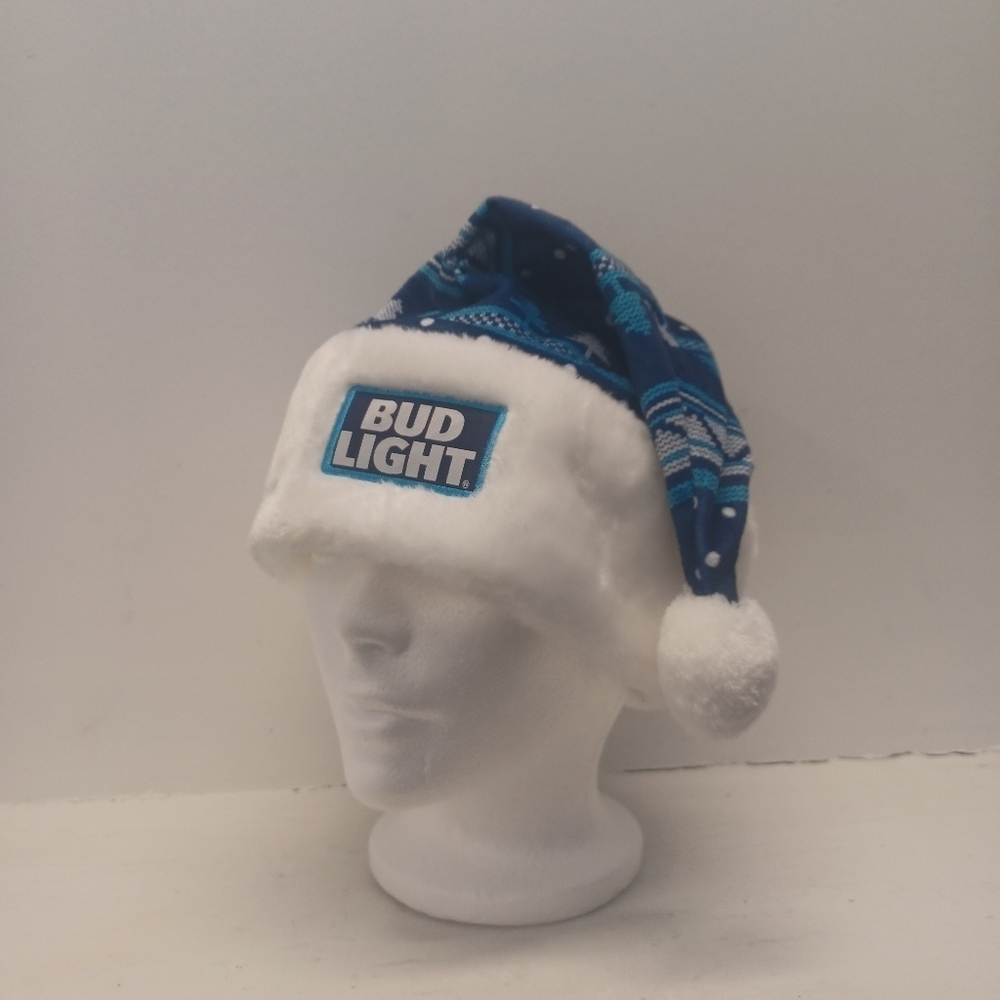 Bud Light Blue and White Santa Hat Christmas Beer Party Holiday Party